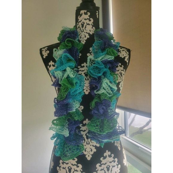 Handmade Crocheted Fashion Ruffle Scarf - Shades of blue - Picture 1 of 5